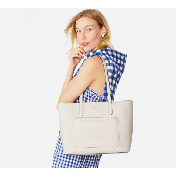 New Kate Spade Staci Tote And Wristlet 3 Piece Set Saffiano Meringue - Picture 2 of 5